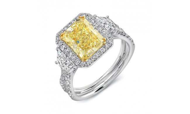Uneek Three-Stone Engagement Ring with Radiant-Cut Fancy Yellow Diamond Center on Halo and Pave Double Shank - LVS983RADFY