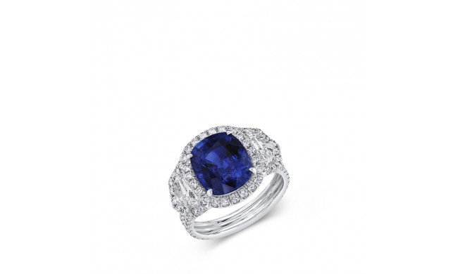 Uneek Cushion-Cut Blue Sapphire Ring with Epaulet Diamond Sidestones and Double-Row Pave Shank - LVS1027CUBS