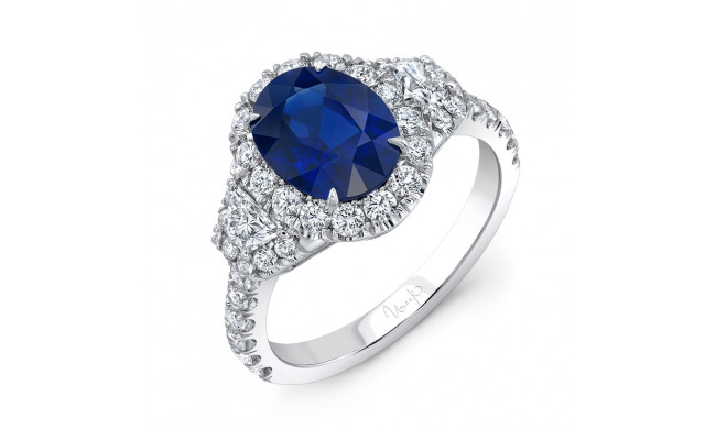 Uneek Oval Sapphire-Centered Three-Stone Engagement Ring with Trapezoid Diamond Sidestones - LVS989OVBS