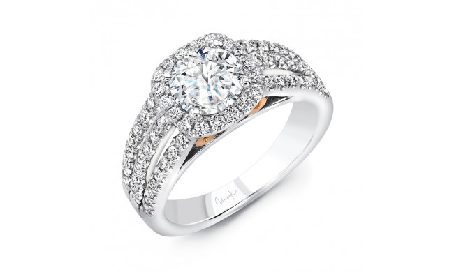 Uneek Luminare Round-Diamond-on-Cushion-Halo Engagement Ring with Triple Split Shank and Scroll Filigree - A110CU-6.5RD