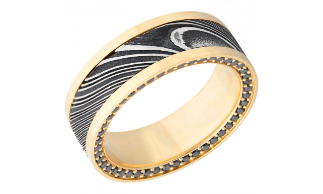 Lashbrook Black White & Yellow 18k Gold 8mm Men's Wedding Band - 18KY8F15_WOODGRAINSIDEETERNITYBLKDIA.01BEAD+ACID_POLISH