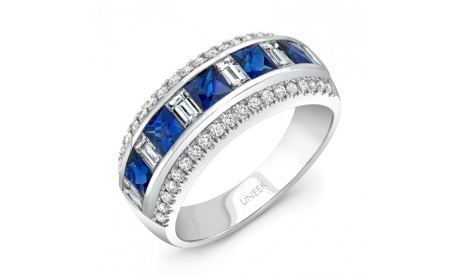 Uneek Princess-Cut Blue Sapphire Band with Baguette Diamond Accents - LVBMT0190S