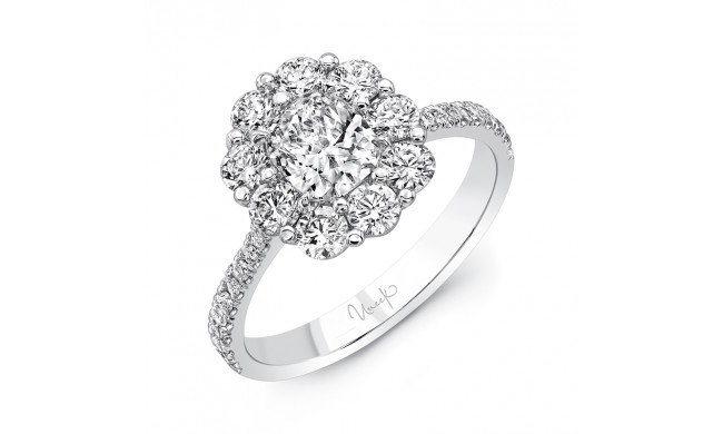 Uneek Cushion-Cut Diamond Engagement Ring with Floral-Inspired Shared-Prong Round Diamond Halo - LVS1015CU