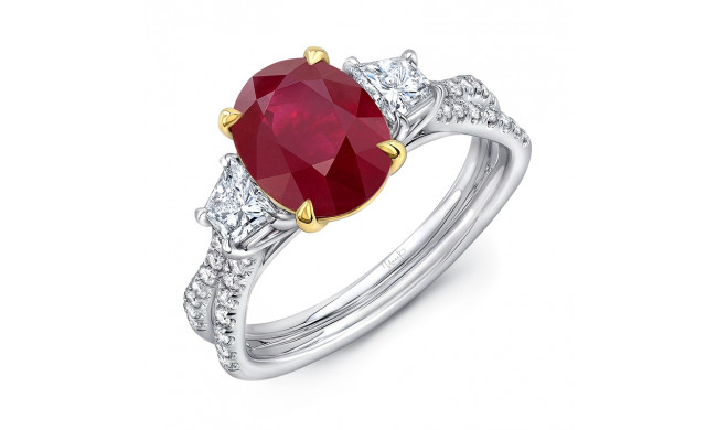 Uneek Ruby-and-Diamond Three-Stone Ring with Oval Ruby Center and Pave Silhouette Double Shank - LVS1016OVRU