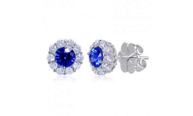 Uneek Round Blue Sapphire Stud Earrings with Scalloped Diamond Halos - LVEMT2077S