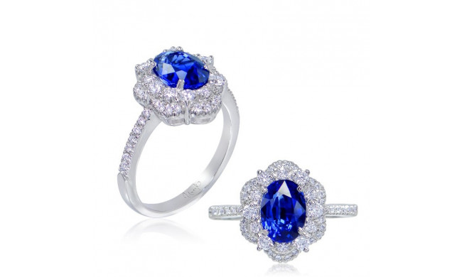 Uneek Oval Blue Sapphire Ring with Scalloped Diamond Double Halo and U-Pave Shoulders - LVRMT2920S
