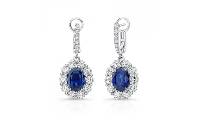 Uneek Oval Blue Sapphire Dangle Earrings with Scallop-Illusion Diamond Halos - LVE1015OVBS