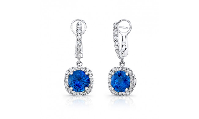 Uneek Round Blue Sapphire Drop Earrings with Cushion-Shaped Diamond Halos - LVE318CU-RDBS
