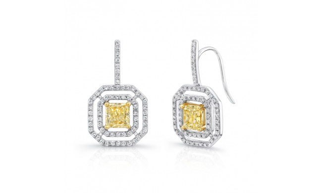Uneek Radiant Cut Yellow Diamond Drop Earrings with Geometric Floating Halos - LVE256