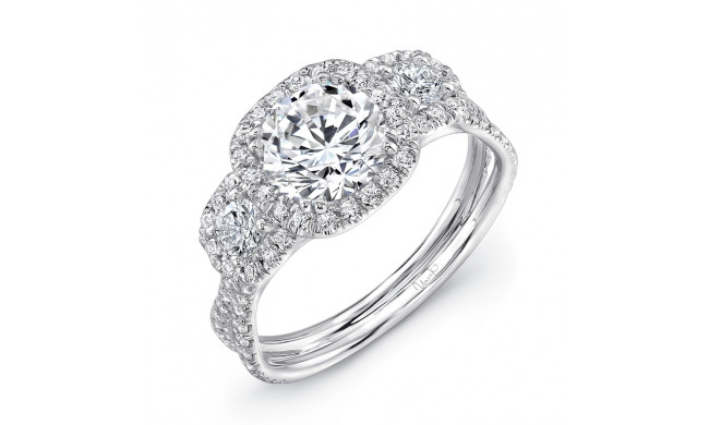 Uneek Three-Stone Round Diamond Engagement Ring with Cushion-Shaped Halos and Pave Double Shank - LVS921-6.5RD