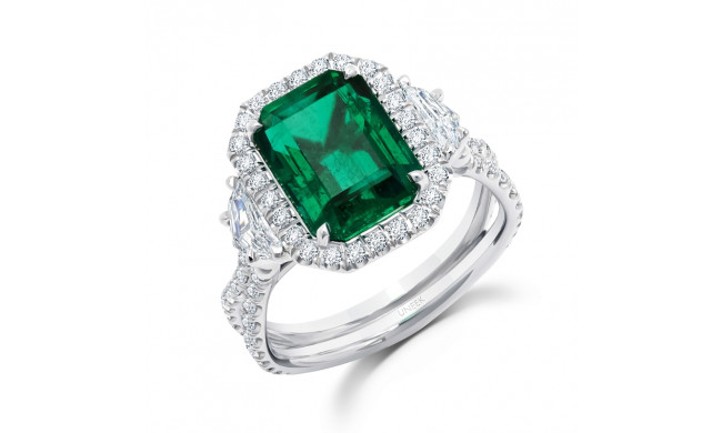 Uneek Three-Stone Ring with Emerald-Cut Green Emerald Center and Pave Silhouette Shank - LVS983GEM