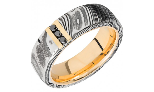 Lashbrook Black White & Yellow Damascus Steel Diamond 7mm Men's Wedding Band - 14KYSLEEVED7D14VERTWOODGRAIN_14KYBLKDIA3X.03CH+ACID_POLISH