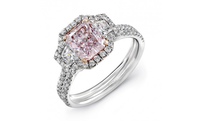 Uneek Three-Stone Engagement Ring with Radiant-Cut Light Pink Diamond Center and Double Pave Shank - LVS933