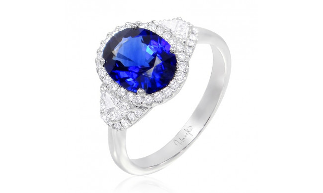 Uneek Three-Stone Oval Blue Sapphire and Trap Cut Diamond Halo Ring - LVRMT1891S