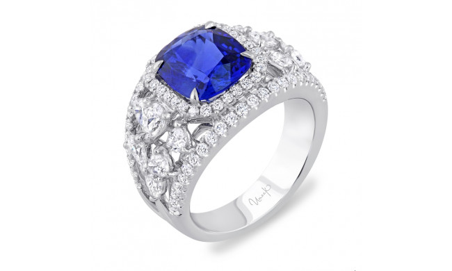 Uneek Cushion-Cut Sapphire Wide-Band Engagement Ring with Pear-Shaped Side Diamond Clusters - LVSLG2432