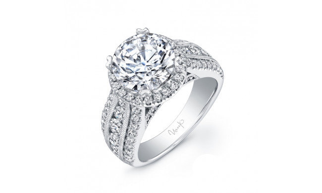 Uneek 1-Carat Round-Diamond Wide-Band Halo Engagement Ring with Three-Row Channel- and Pave-Set Melees - USM013RD-6.5MM