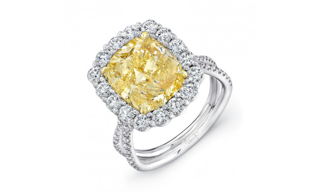 Uneek 5-Carat Cushion-Cut Yellow Diamond Engagement Ring with Scalloped Halo and Silhouette Double Shank - LVS966