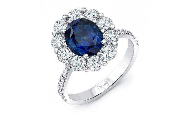 Uneek Oval Blue Sapphire Ring Petals Collection Round Diamond Halo and Tapered Shank - LVS1015OVBS