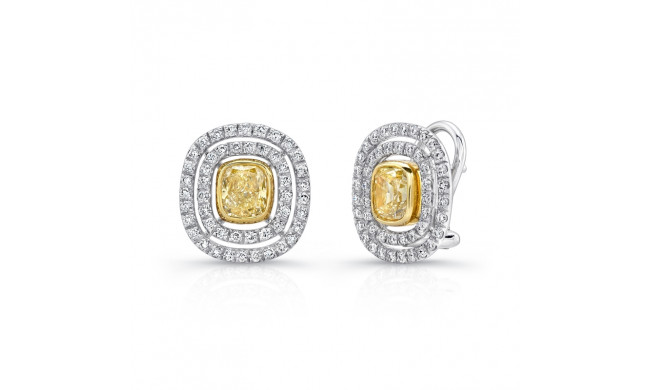 Uneek Cushion Yellow Diamond Double Halo French-Back Earrings - LVE144