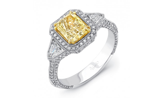Uneek Estate-Inspired Three-Stone Ring with Radiant-Cut Fancy Yellow Diamond Center and Shield-Cut Diamond Sidestones - LVS555