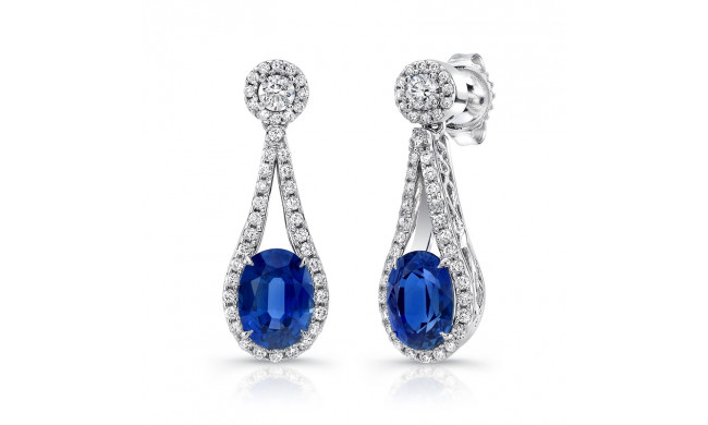 Uneek Oval Blue Sapphire Earrings with Teardrop-Shaped Diamond-and-Filigree Frames - LVE927