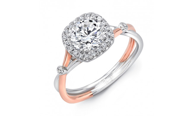 Uneek Round Diamond Engagement Ring with Cushion-Shaped Halo and Two-Tone Silhouette Double Shank with Bezel Shoulder Accents - LVS997CUWR-6.5RD