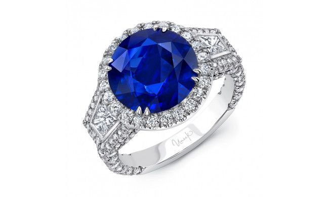 Uneek Round Blue Sapphire-Center Contemporary Three-Stone Ring - LVS1025RDBS