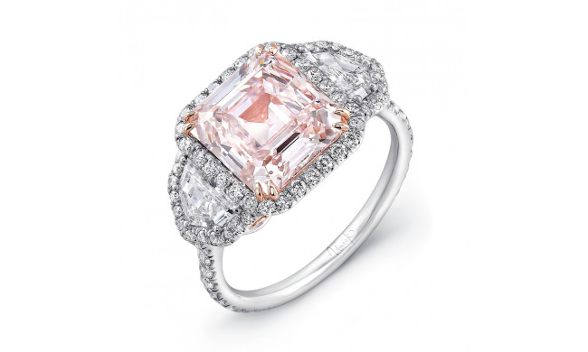 Uneek Emerald-Cut Fancy Light Pink-Center Three-Stone Engagement Ring with Filigree Accents - LVS881
