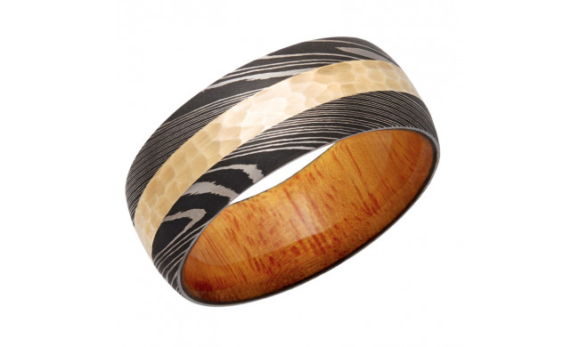 Lashbrook White & Yellow Damascus Steel Hardwood 9mm Men's Wedding Band - HWSLEEVED9D13_14KY+OSAGEORANGE+HAMMER_ACID