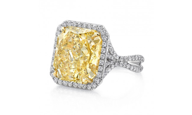 Uneek 12-Carat Radiant-Cut Fancy Yellow Diamond Halo Engagement Ring with Pave Silhouette Double Shank - LVS948