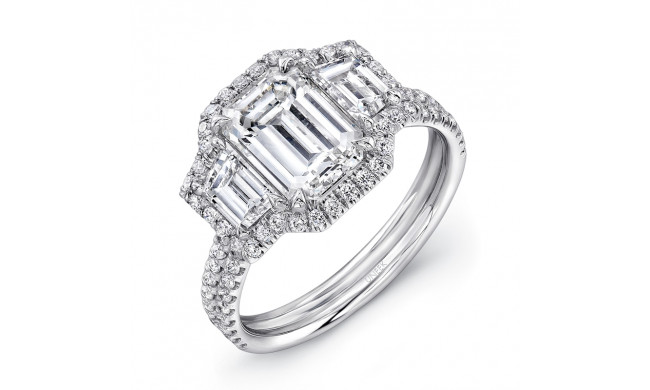 Uneek Emerald-Cut Diamond Three-Stone Engagement Ring with Round Diamond Halo and Pave Double Shank - LVS894