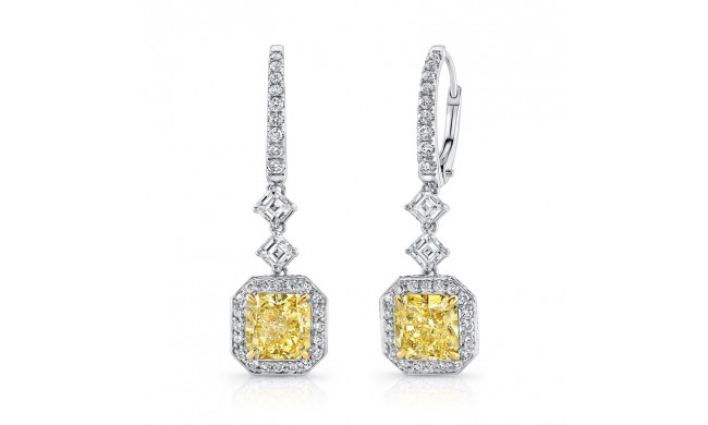 Uneek Radiant-Cut Fancy Light Yellow Dangle Earrings with Tilted Asscher-Cut Accent White Diamonds - LVE679