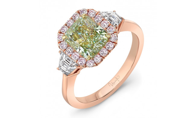 Uneek Contemporary Three-Stone Engagement Ring with Green Diamond Center and Pink Diamond Halo - LVS1007RAD