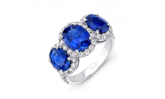 Uneek Oval Sapphire Three-Stone Three-Halo Engagement Ring - LVS990OV