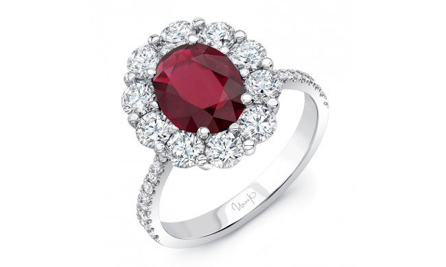 Uneek Oval Ruby Ring with Scallop-Style Diamond Halo and Tapered Shank - LVS1015RUOV