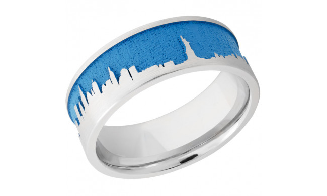 Lashbrook Cobalt Chrome 8mm Men's Wedding Band - CC8F_LCVNEWYORKSKYLINE+SATIN+SEABLUEOUT