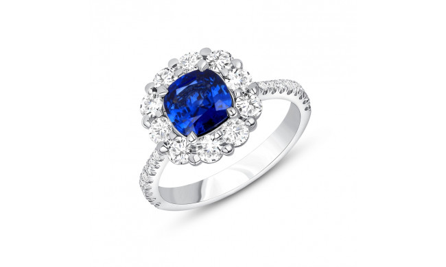 Uneek Cushion-Cut Blue Sapphire Ring with Scallop-Style Shared-Prong Diamond Halo - LVS1015CUBS