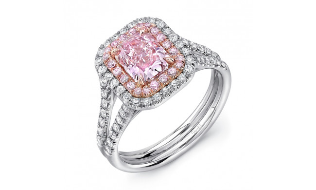 Uneek Radiant Pink Diamond Engagement Ring with Split Upper Shank and Two-Tone Double Halo - LVS1000