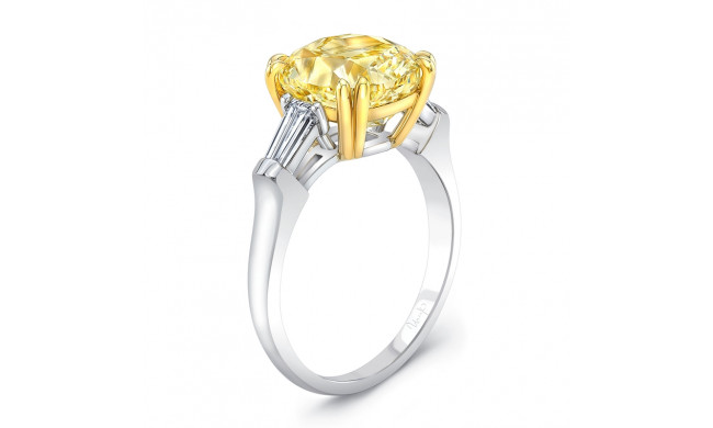 Uneek Three-Stone Ring with 5-Carat Cushion-Cut Fancy Yellow Diamond Center and Tapered Baguette Sidestones - LVS1024CUFY