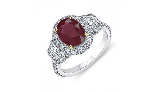 Uneek Oval Ruby Ring with Diamond Halo and Trapezoid Sidestones - LVS989OVRU