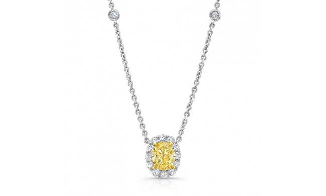 Uneek Oval Fancy Yellow Diamond Pendant with Round Diamond Halo and Bezel Chain Accents - LVN925