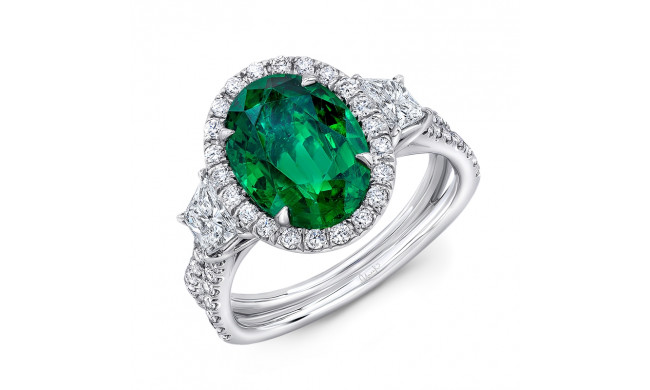 Uneek Three-Stone Ring with Oval Green Emerald Center and Pave Silhouette Shank - LVS983OVGEM