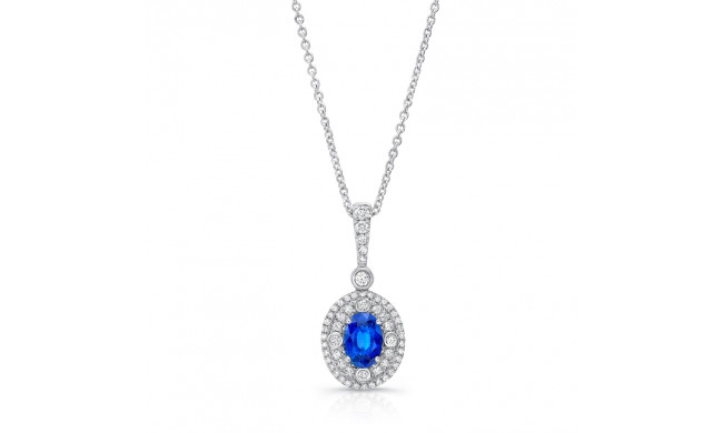 Uneek Oval Blue Sapphire Pendant with Double Halo and Accent Bezels - LVPDN2020S
