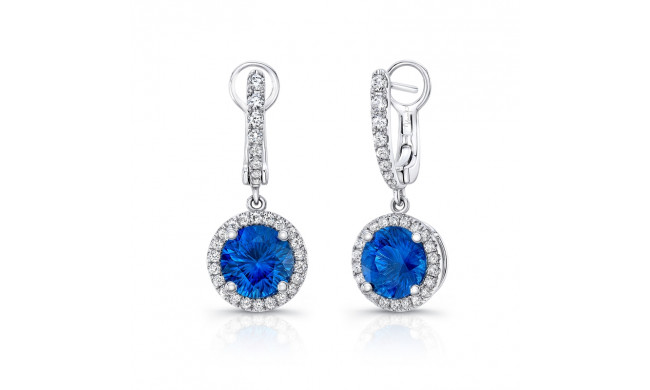 Uneek Round Blue Sapphire Drop Earrings with Diamond Halo - LVE318RDBS