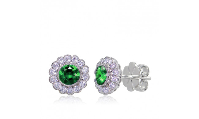 Uneek Bezel-Set Round Emerald Stud Earrings with Scalloped Diamond Halos and Vintage-Style Milgrain - LVEMT1589E