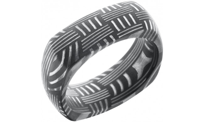 Lashbrook Black & White Damascus Steel 8mm Men's Wedding Band - D8DSQBASKET+ACID