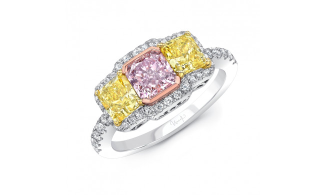 Uneek Three Stone Radiand Cut Pink Diamond Engagement Ring with Radiant Cut Fancy Yellow Diamonds and Round White Diamonds Side Stones - LVS145RADDD