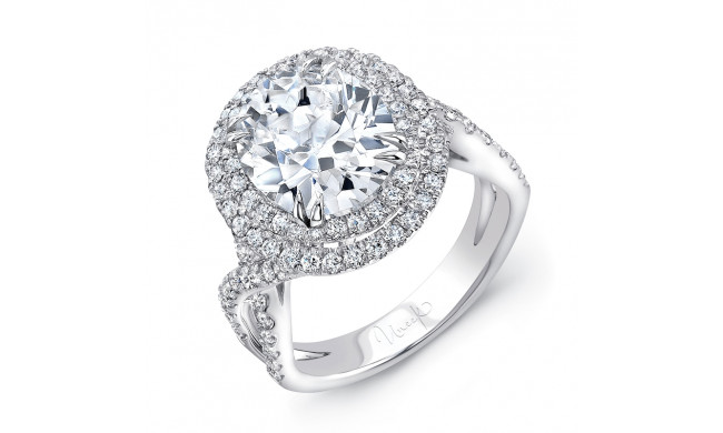 Uneek Oval Diamond Pave Double Halo Engagement Ring with Ribbon-Style Shank and Fleur-de-Lis Filigree - SM828W-11X9OV