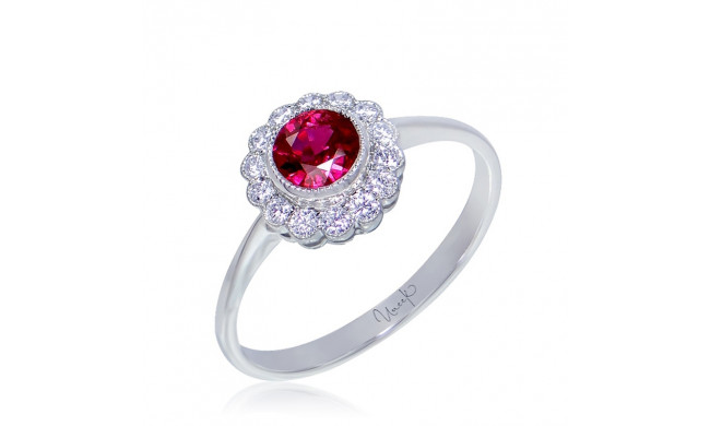 Uneek Bezel-Set Round Ruby Ring with Scalloped Diamond Halo and Vintage-Style Milgrain - LVRMT0193R