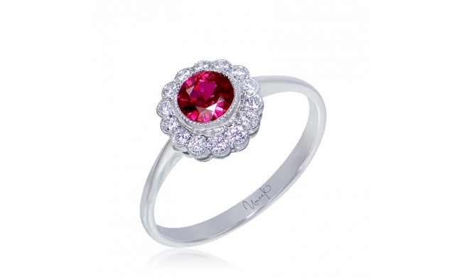 Uneek Bezel-Set Round Ruby Ring with Scalloped Diamond Halo and Vintage-Style Milgrain - LVRMT0193R
